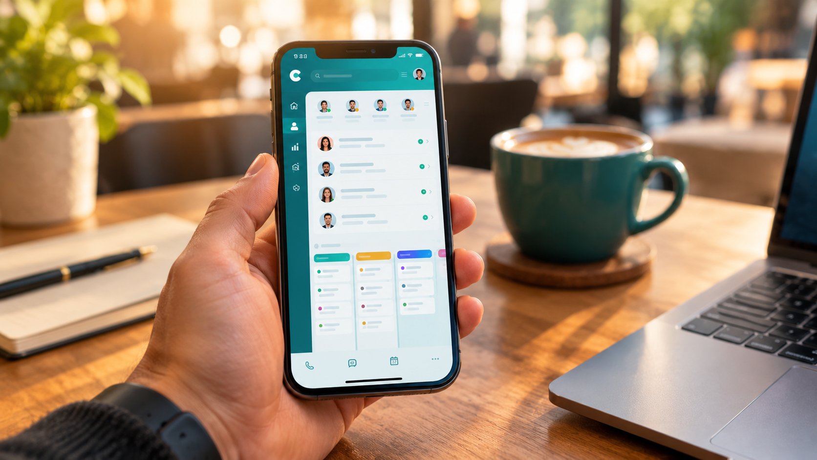 Best CRM for solopreneurs: a CRM app with contacts and a deal pipeline on a phone in a coffee shop