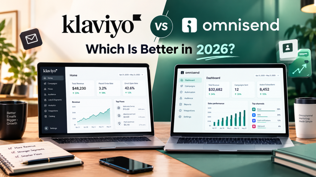 Klaviyo vs Omnisend cover showing both dashboards side by side, checked October 2026