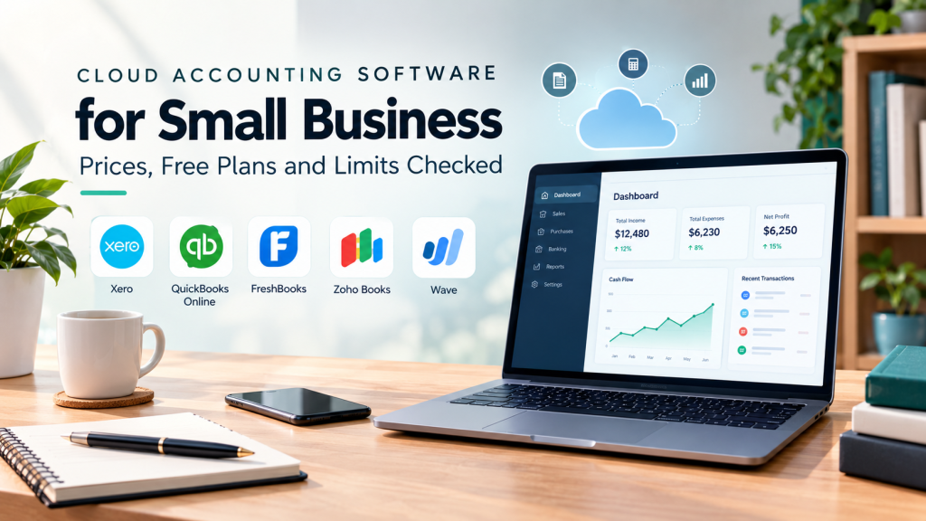 Cloud accounting software for small business cover showing the five tools and a laptop dashboard, checked October 2026