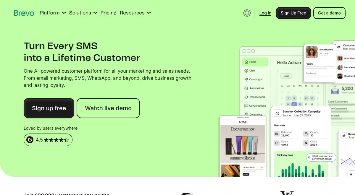 Brevo homepage showing its all in one customer platform with email, SMS, WhatsApp and CRM, checked October 2026