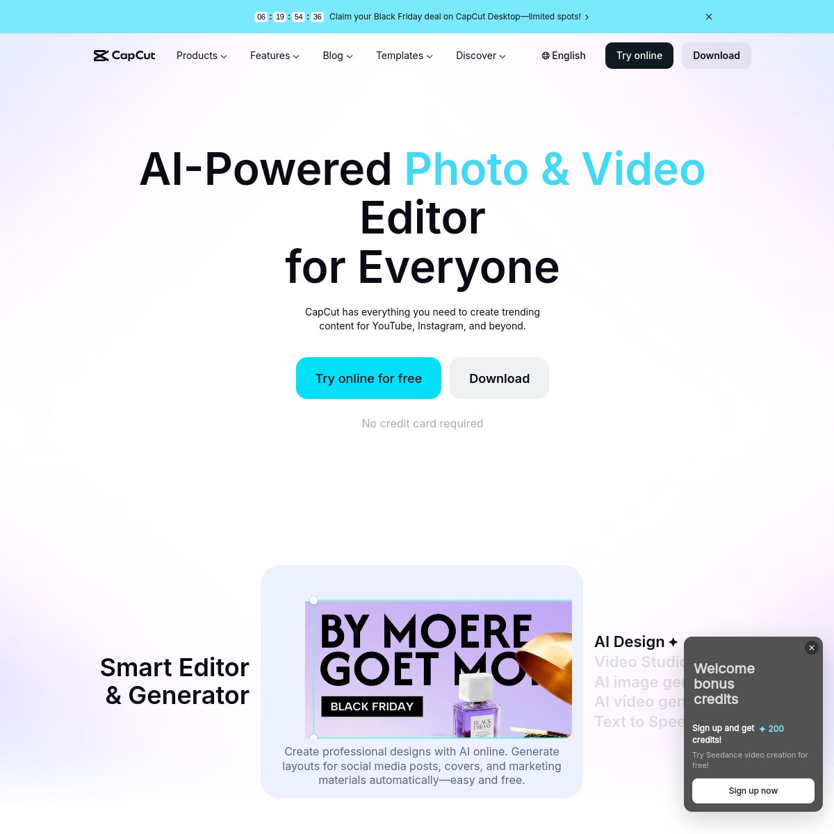 CapCut homepage showing the free video editor, checked October 2026