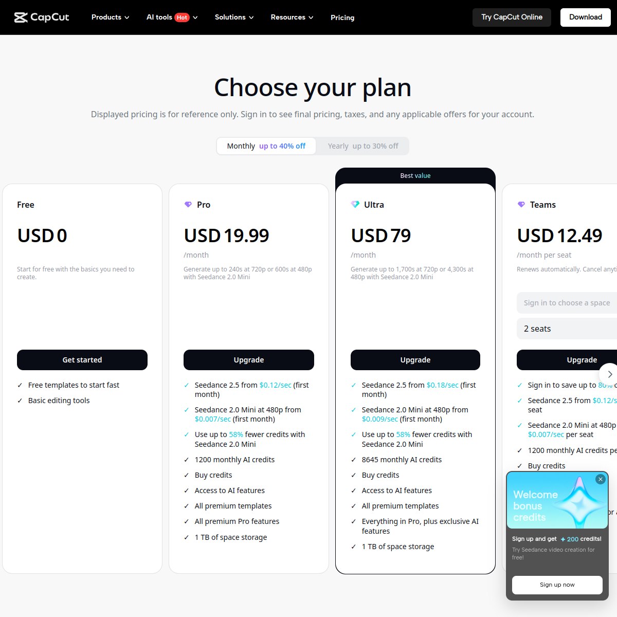 CapCut pricing page showing Free, Pro and higher tiers, checked October 2026