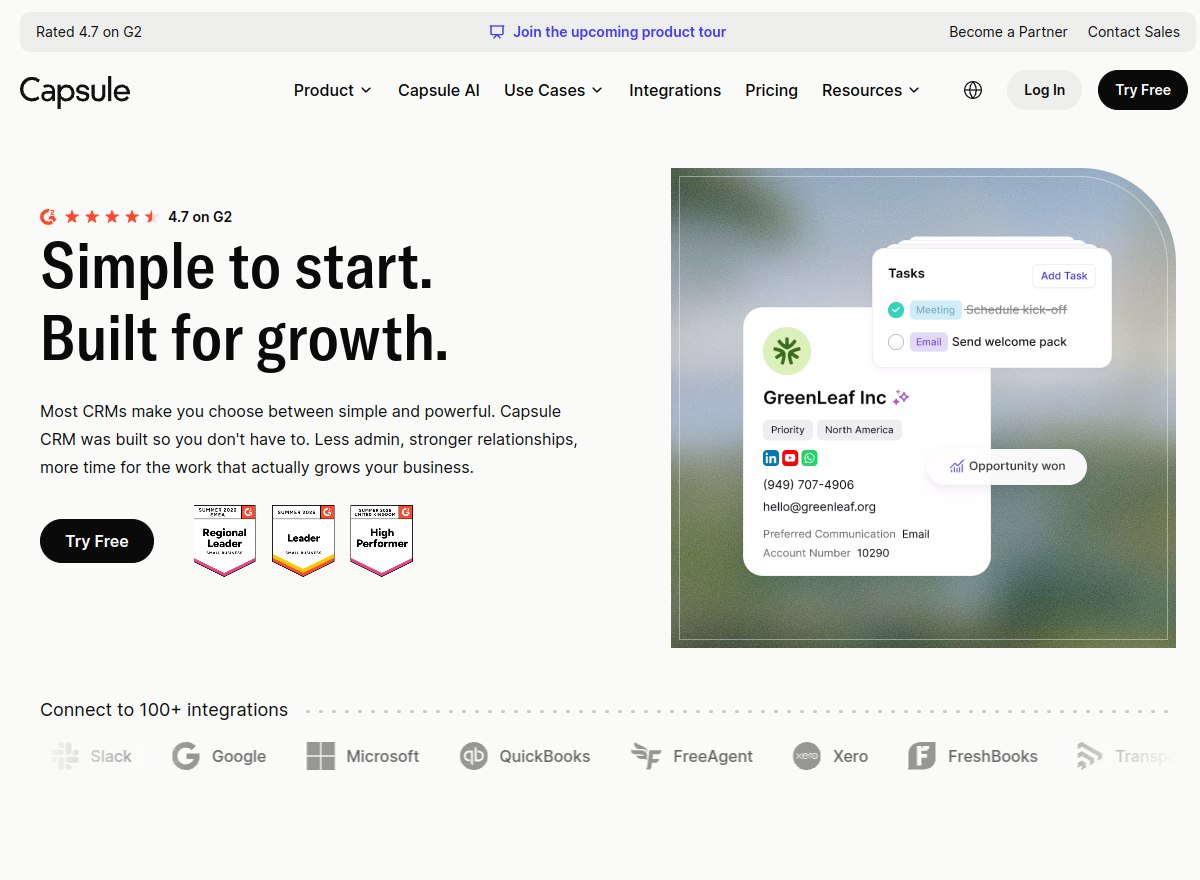Capsule CRM review: the Capsule homepage, simple to start, built for growth