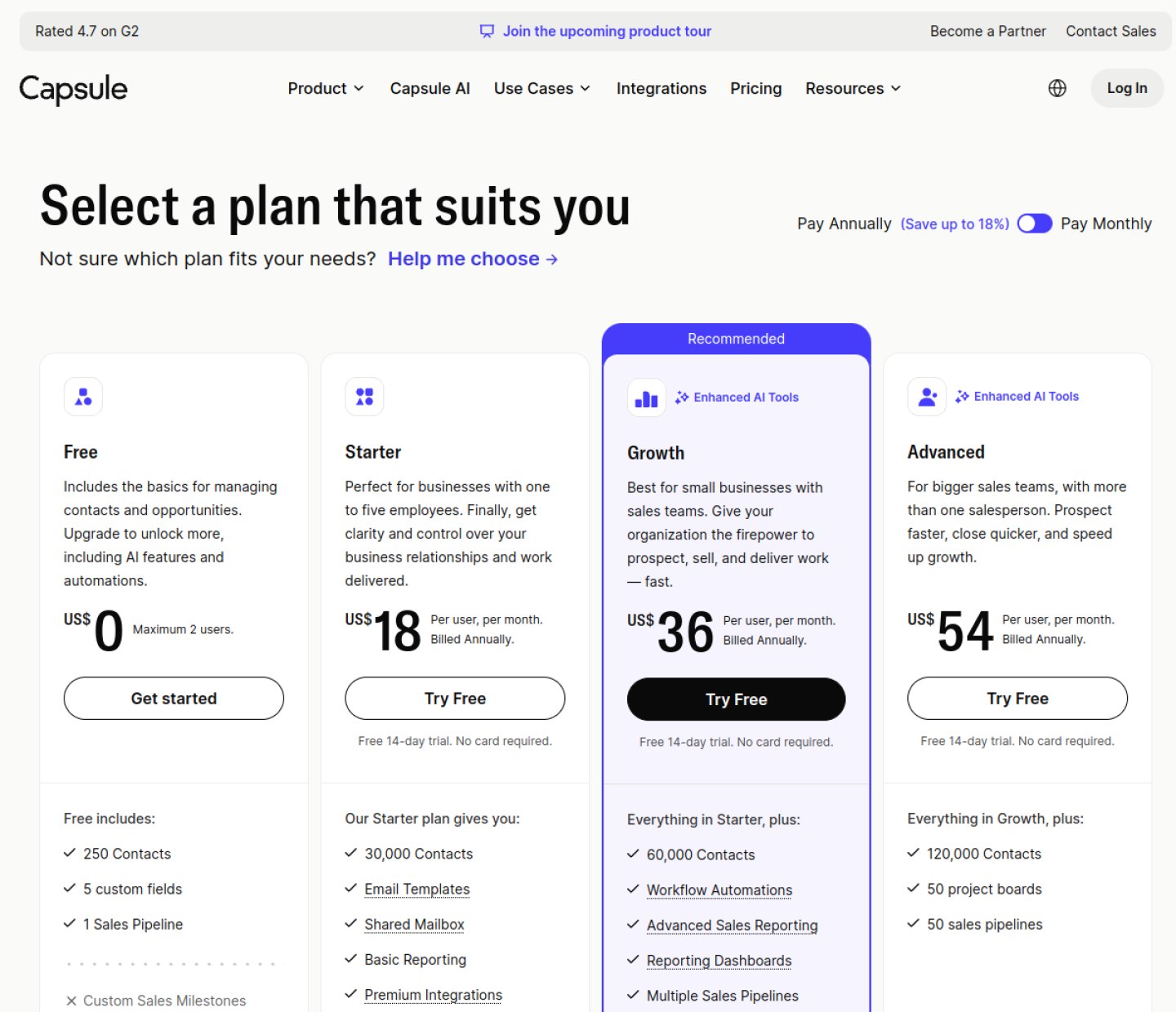 Capsule CRM pricing page showing Free, Starter, Growth and Advanced plans