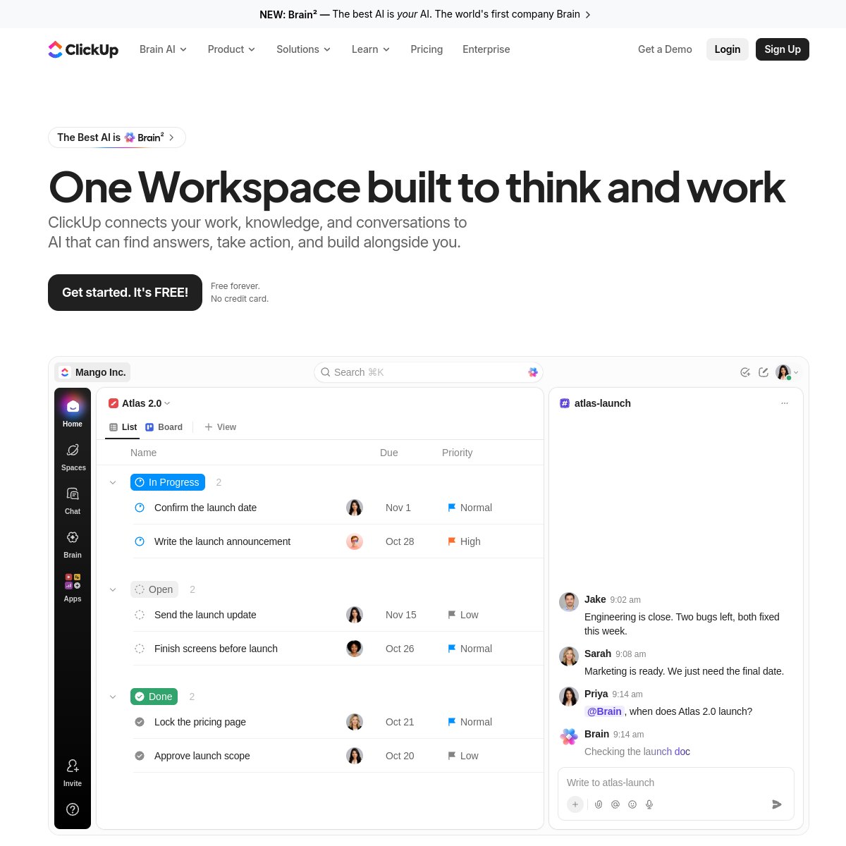 ClickUp homepage showing a workspace with tasks, chat and Brain AI, checked October 2026