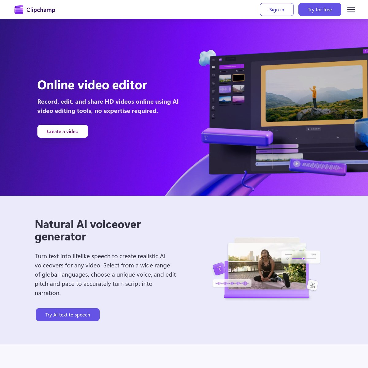 Clipchamp homepage showing the free video editor, checked October 2026