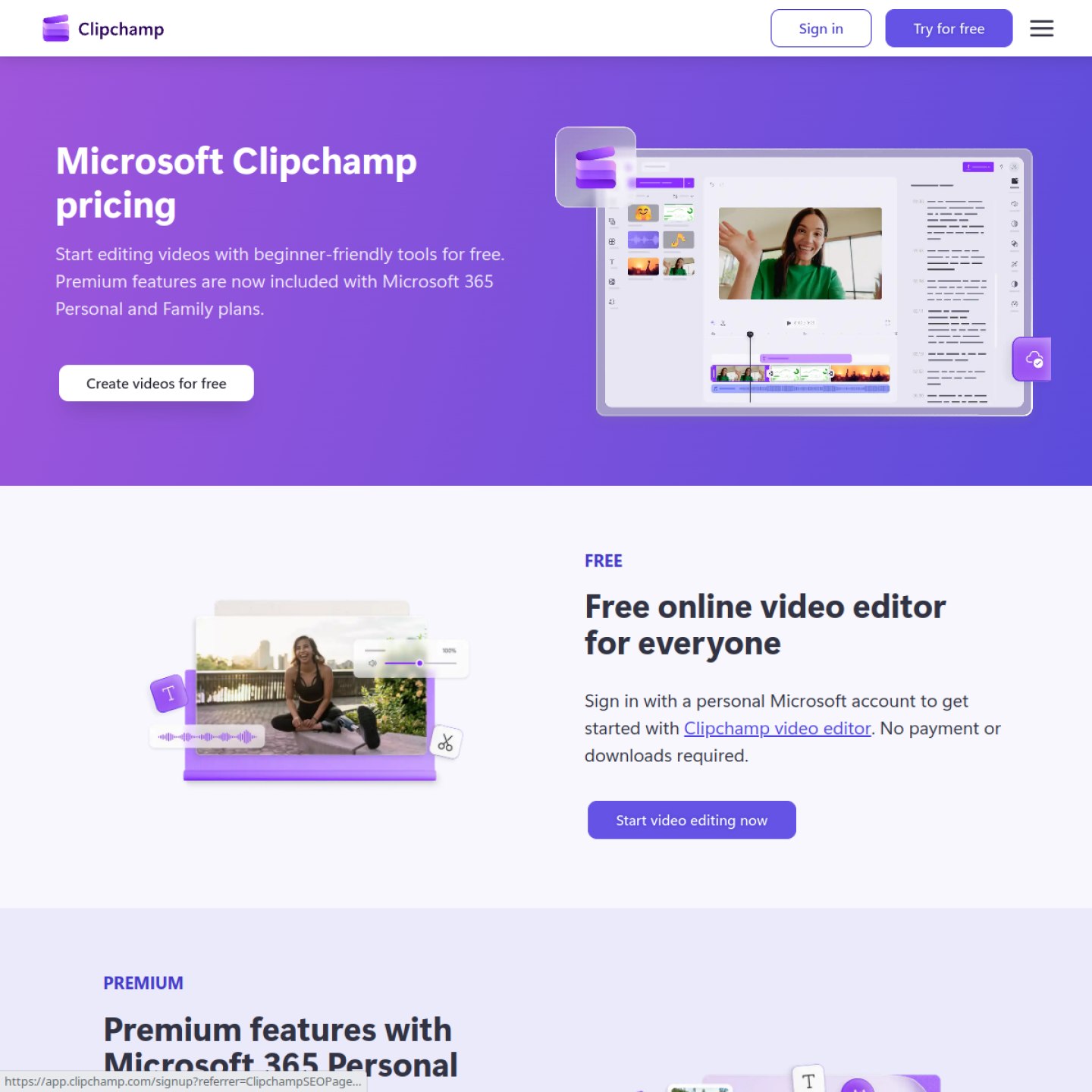 Clipchamp pricing page showing the free plan and premium features, checked October 2026