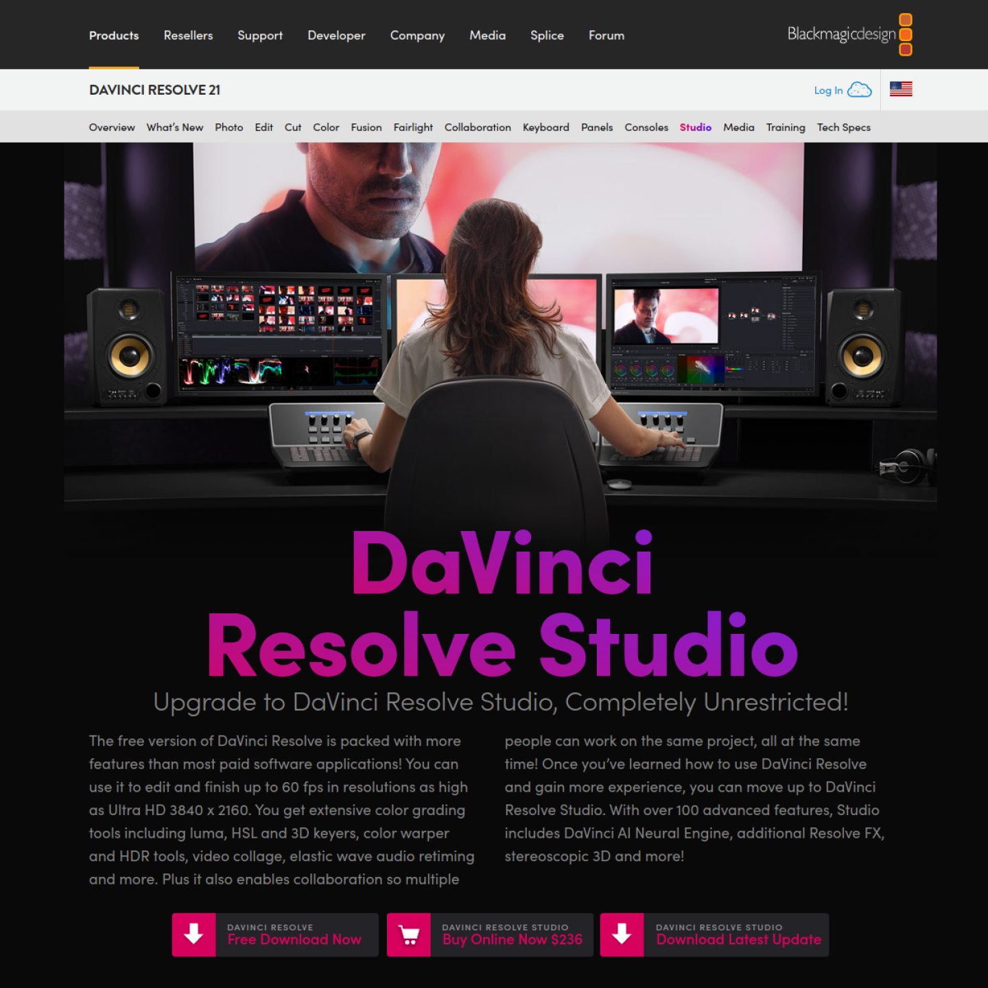 DaVinci Resolve Studio page showing the free version and the Studio upgrade, checked October 2026