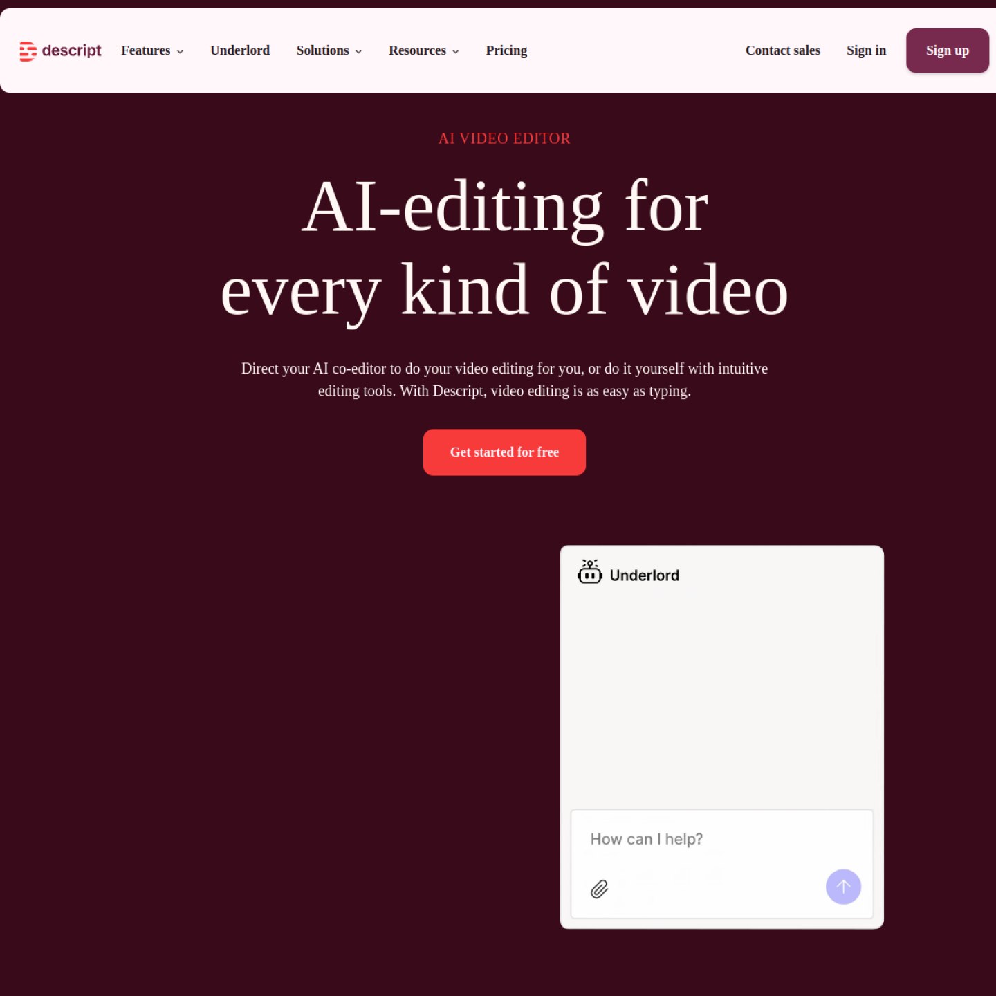 Descript homepage showing transcript-based editing, checked October 2026