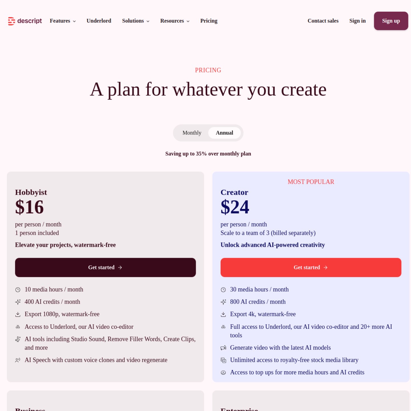 Descript pricing page showing the Free and Hobbyist tiers, checked October 2026
