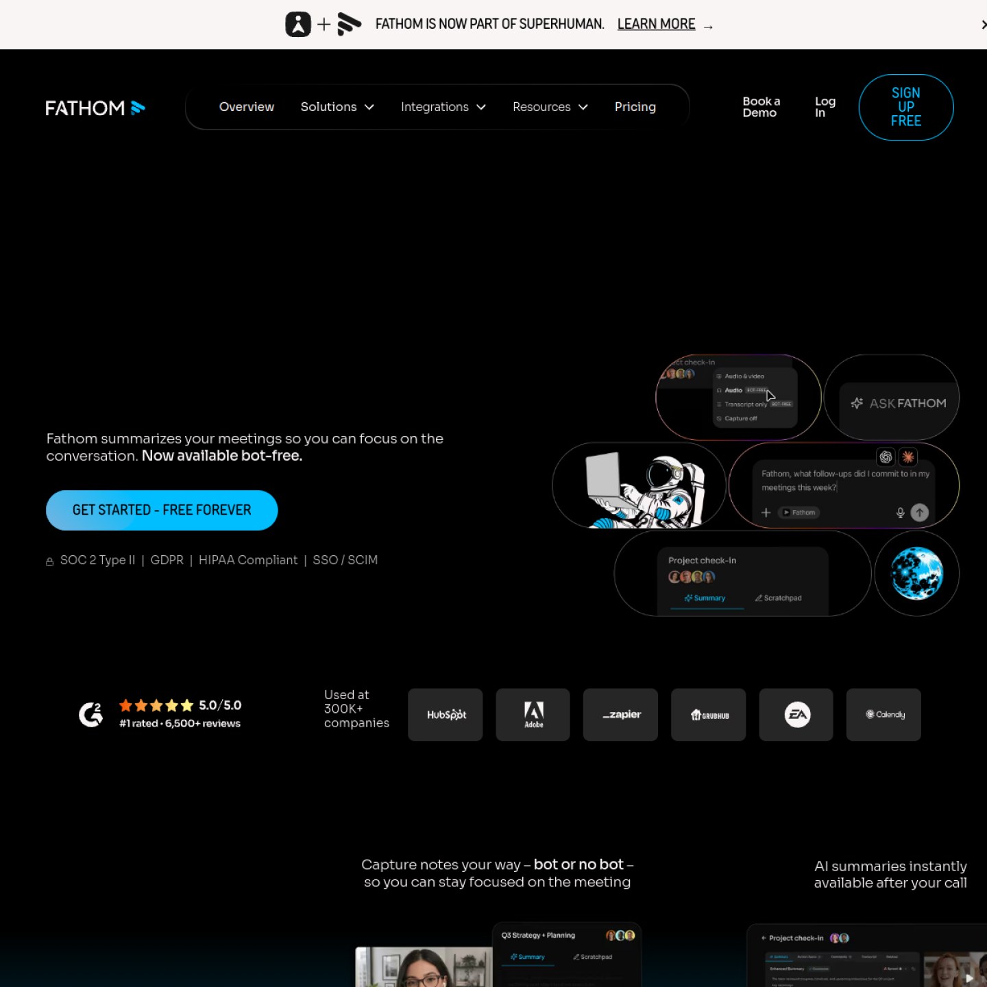 Fathom homepage: meeting summaries with bot or bot-free capture