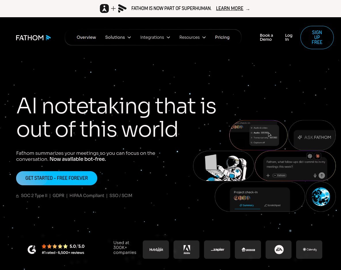 Fathom website showing its AI note taker and free plan.