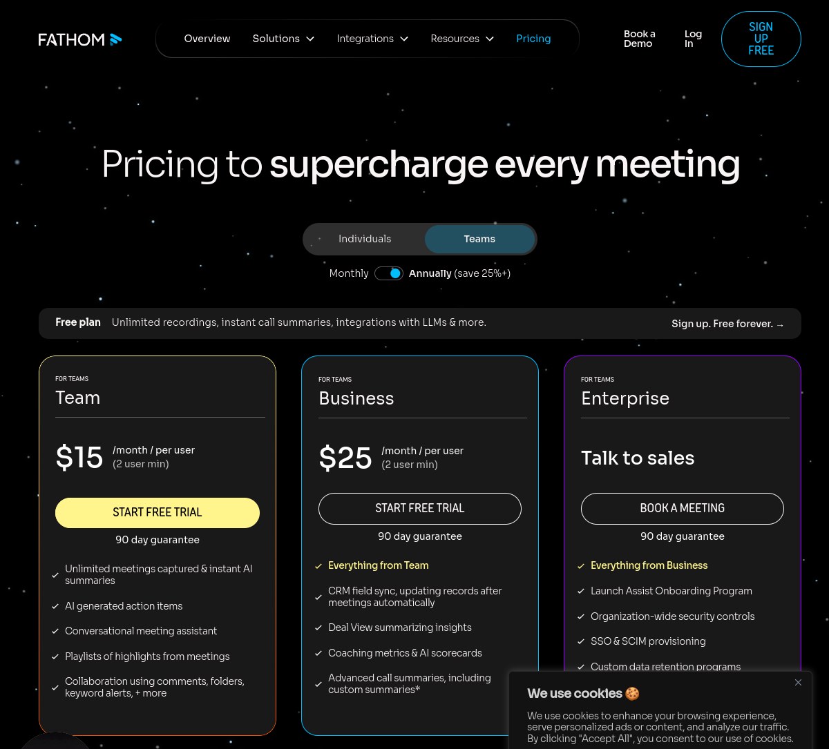 Fathom pricing page showing Team at $15 and Business at $25 per user per month on annual billing