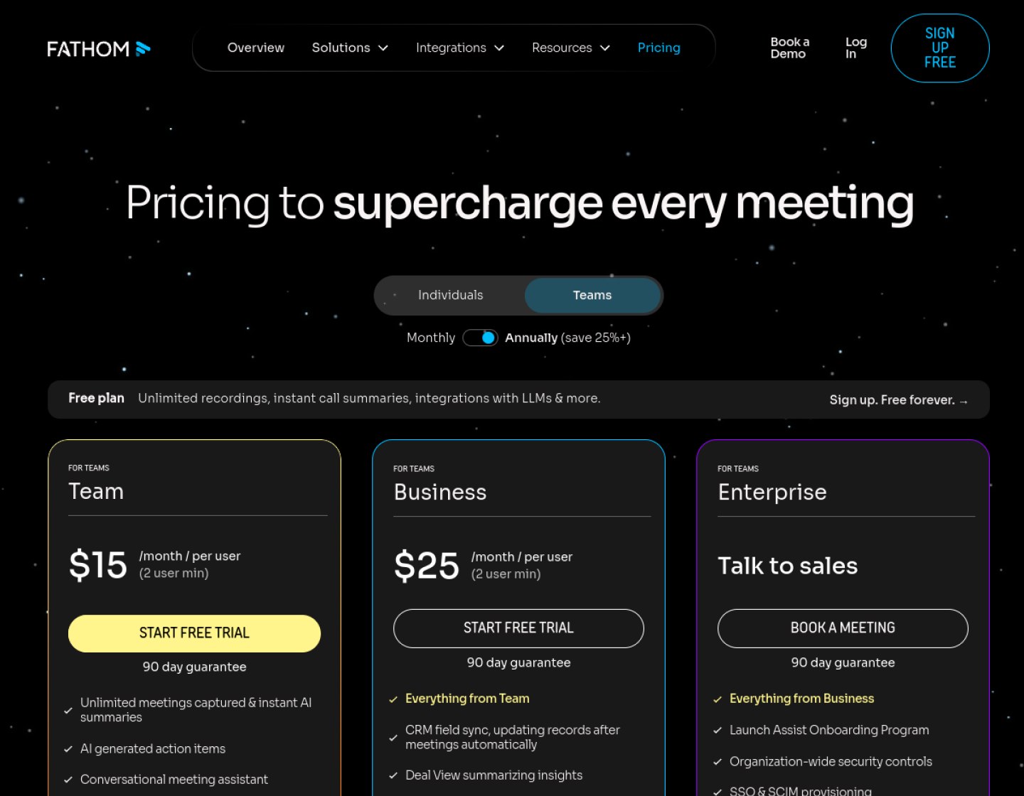 Fathom vs Granola pricing on Fathom's official pricing page.