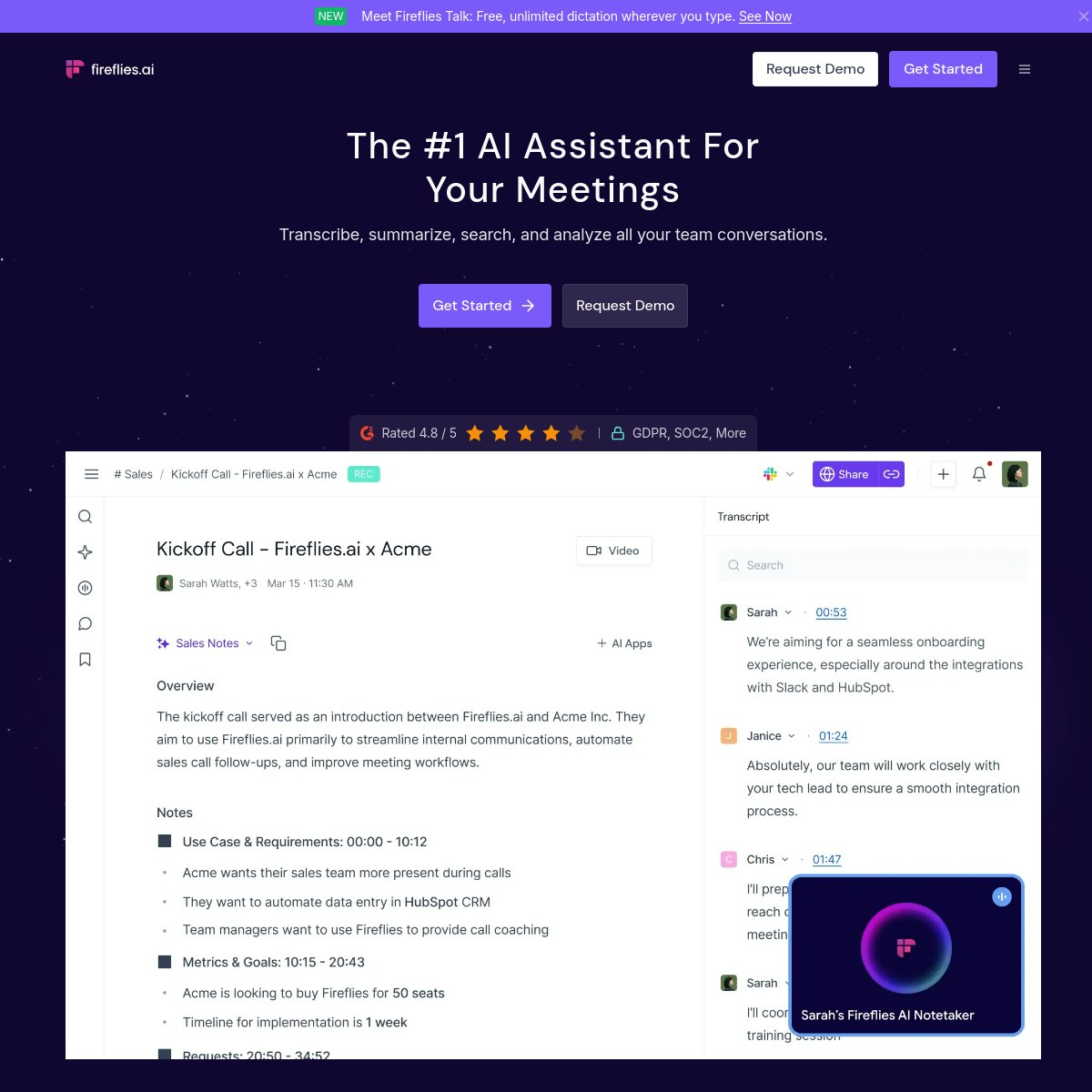 Fireflies homepage showing its AI meeting assistant with a transcript and sales notes
