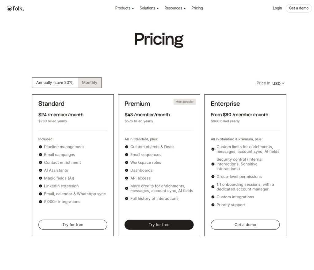 Folk CRM pricing page: Standard $24 per member per month, $288 billed yearly.