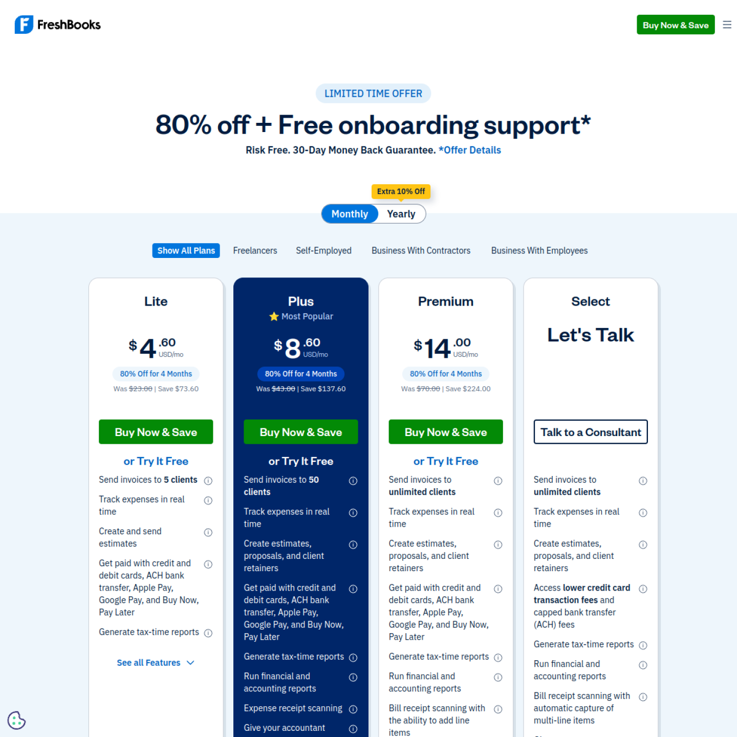 FreshBooks pricing page showing Lite, Plus and Premium plans with standard monthly prices, checked October 2026