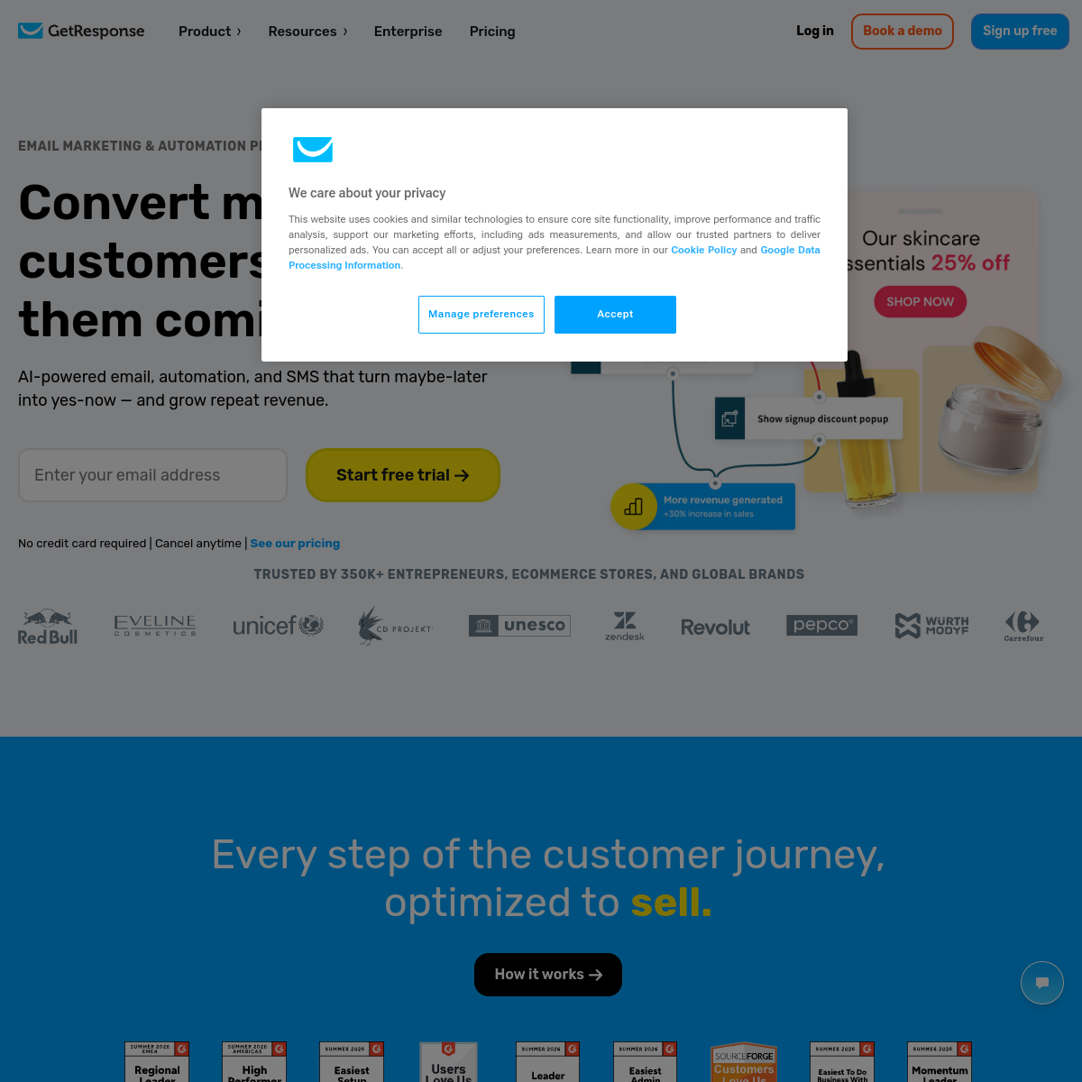 GetResponse homepage showing its email marketing and automation platform, checked October 2026