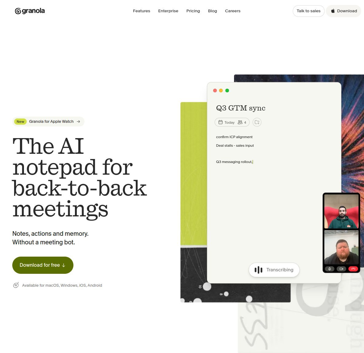 Granola website showing the AI notepad for meetings