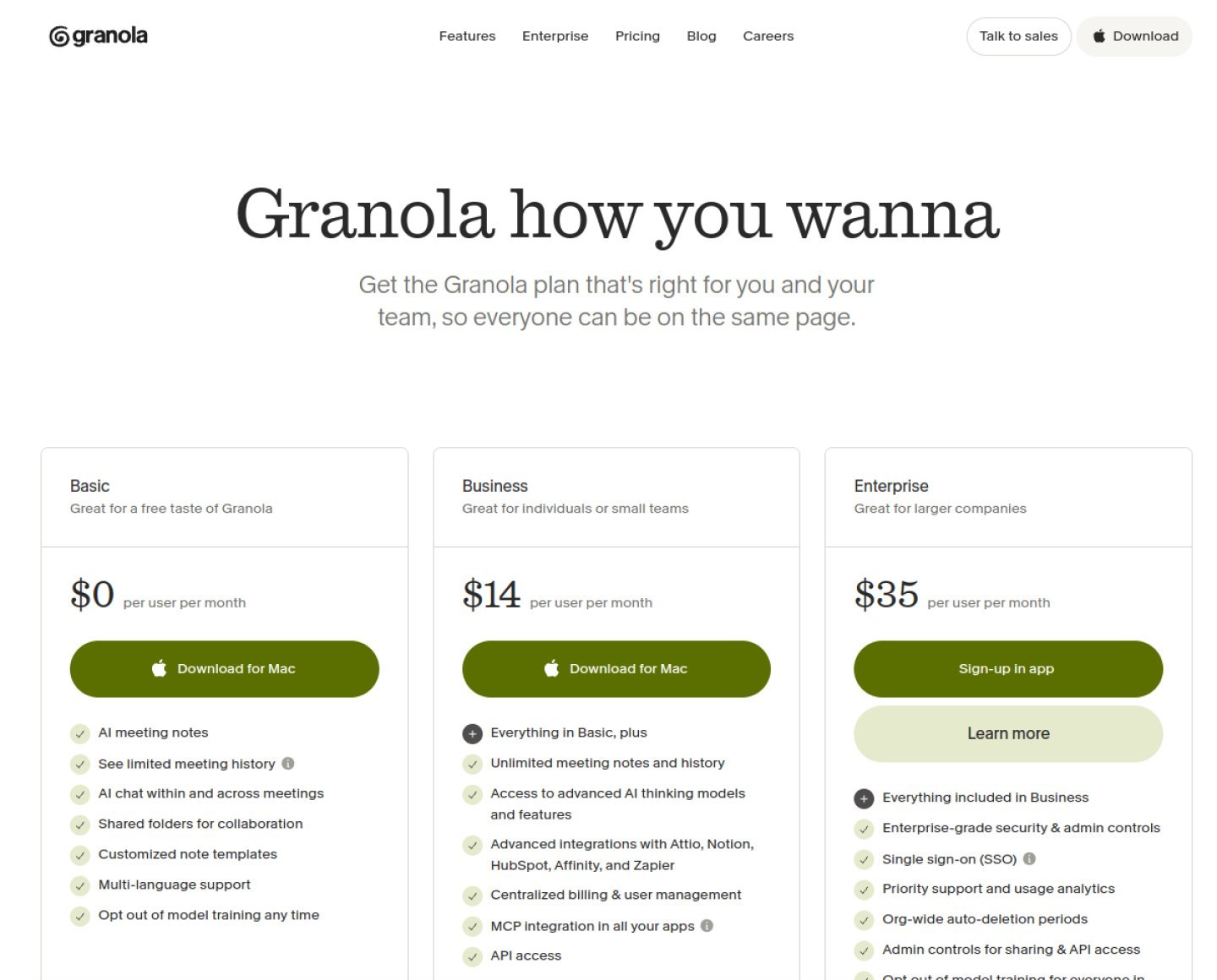 Granola's official pricing page: Basic $0, Business $14, Enterprise $35 per user per month