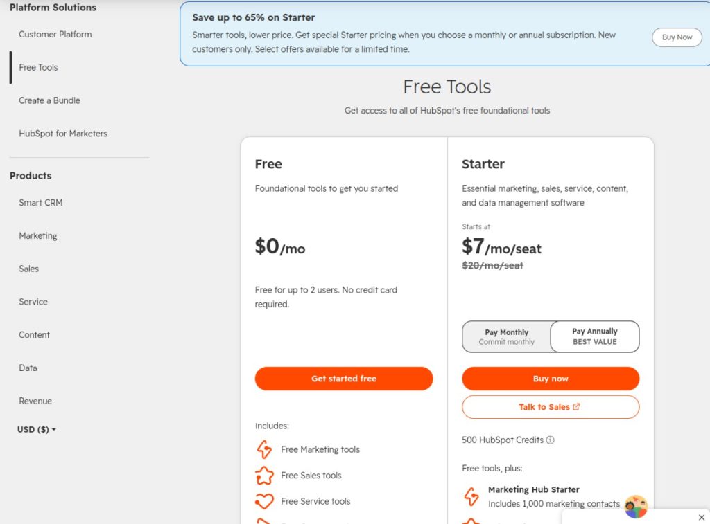 HubSpot CRM pricing page: free plan and Starter, checked October 2026.