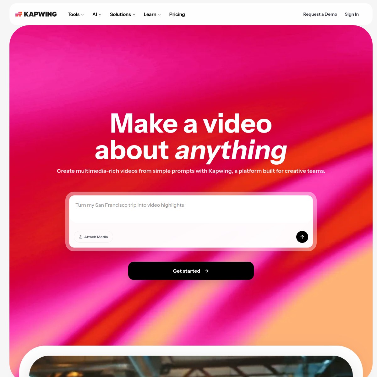 Kapwing homepage showing the browser video editor, checked October 2026
