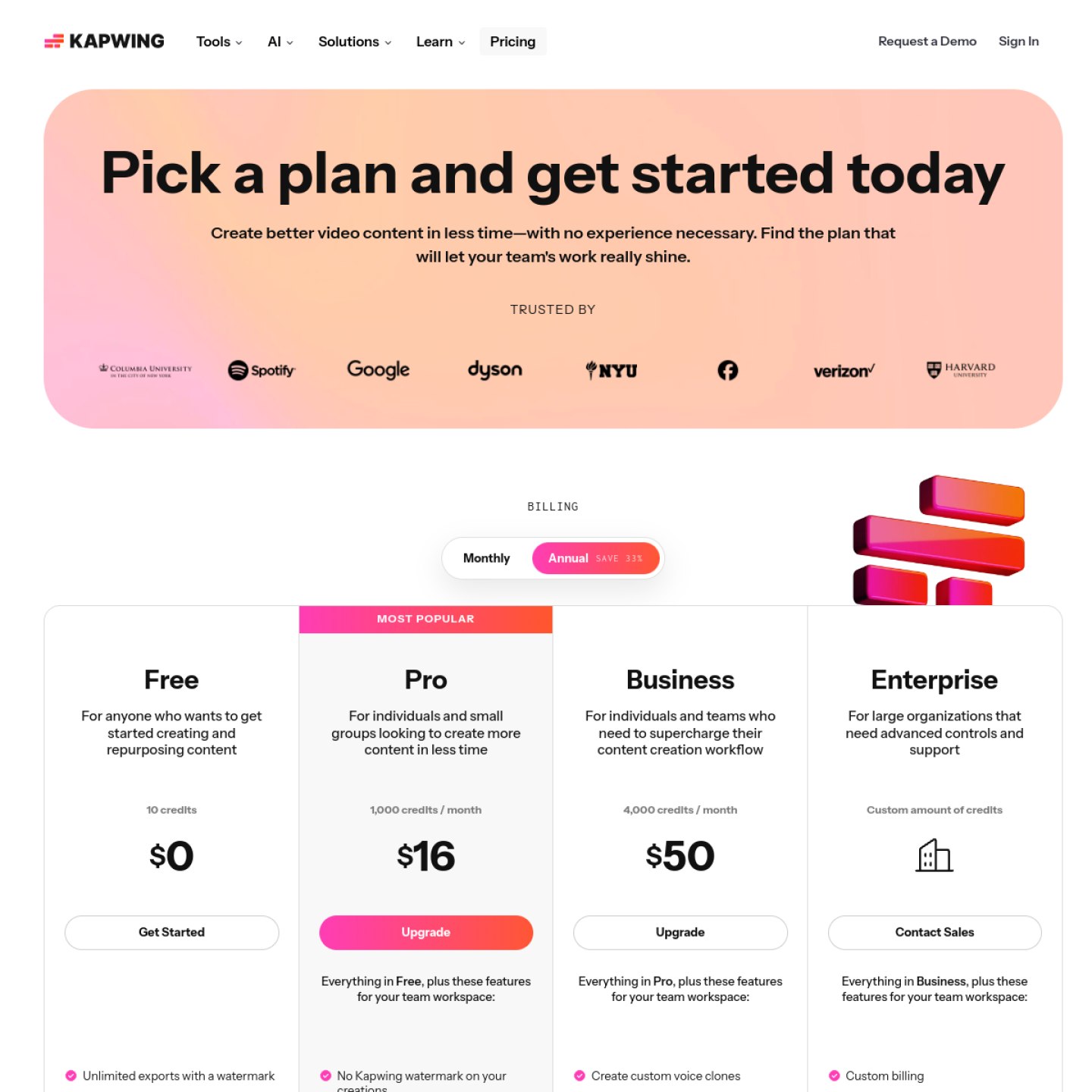 Kapwing pricing page showing Free and Pro plans, checked October 2026