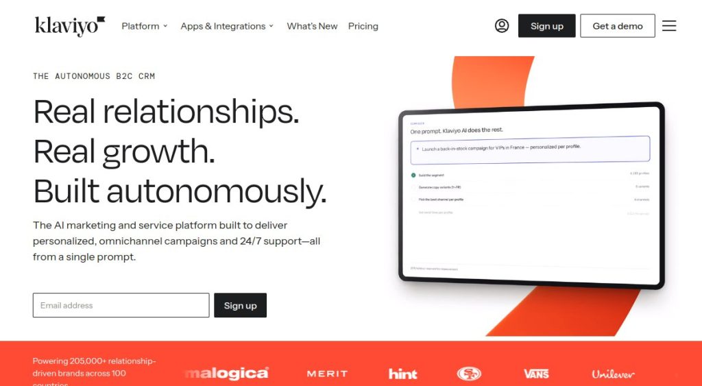 Klaviyo homepage showing its B2C CRM platform, checked October 2026