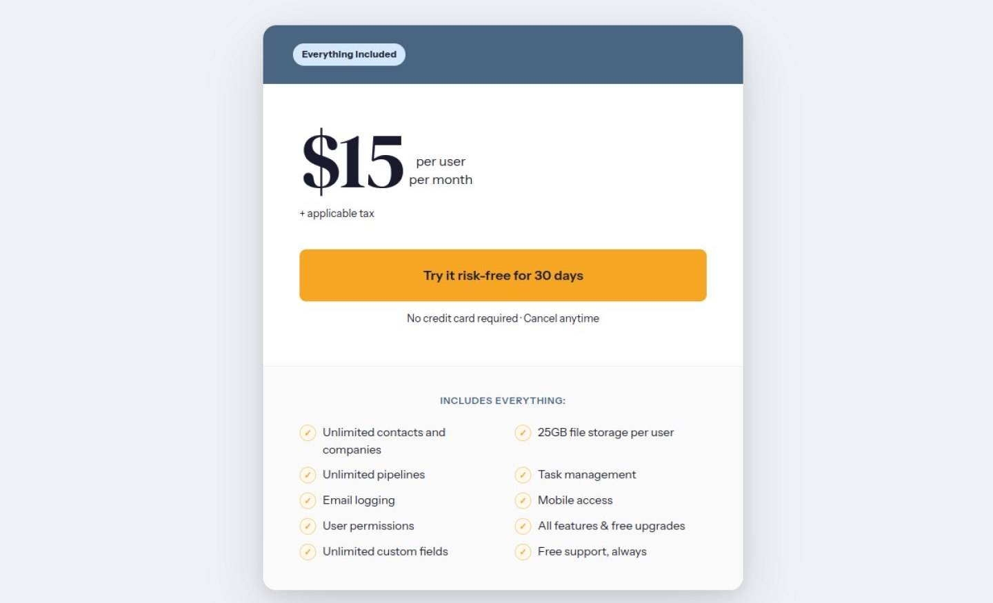 Less Annoying CRM pricing page: one plan at $15 per user per month.