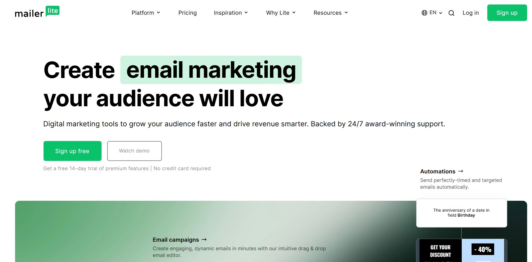 MailerLite homepage showing its email marketing offer for growing an audience, checked October 2026