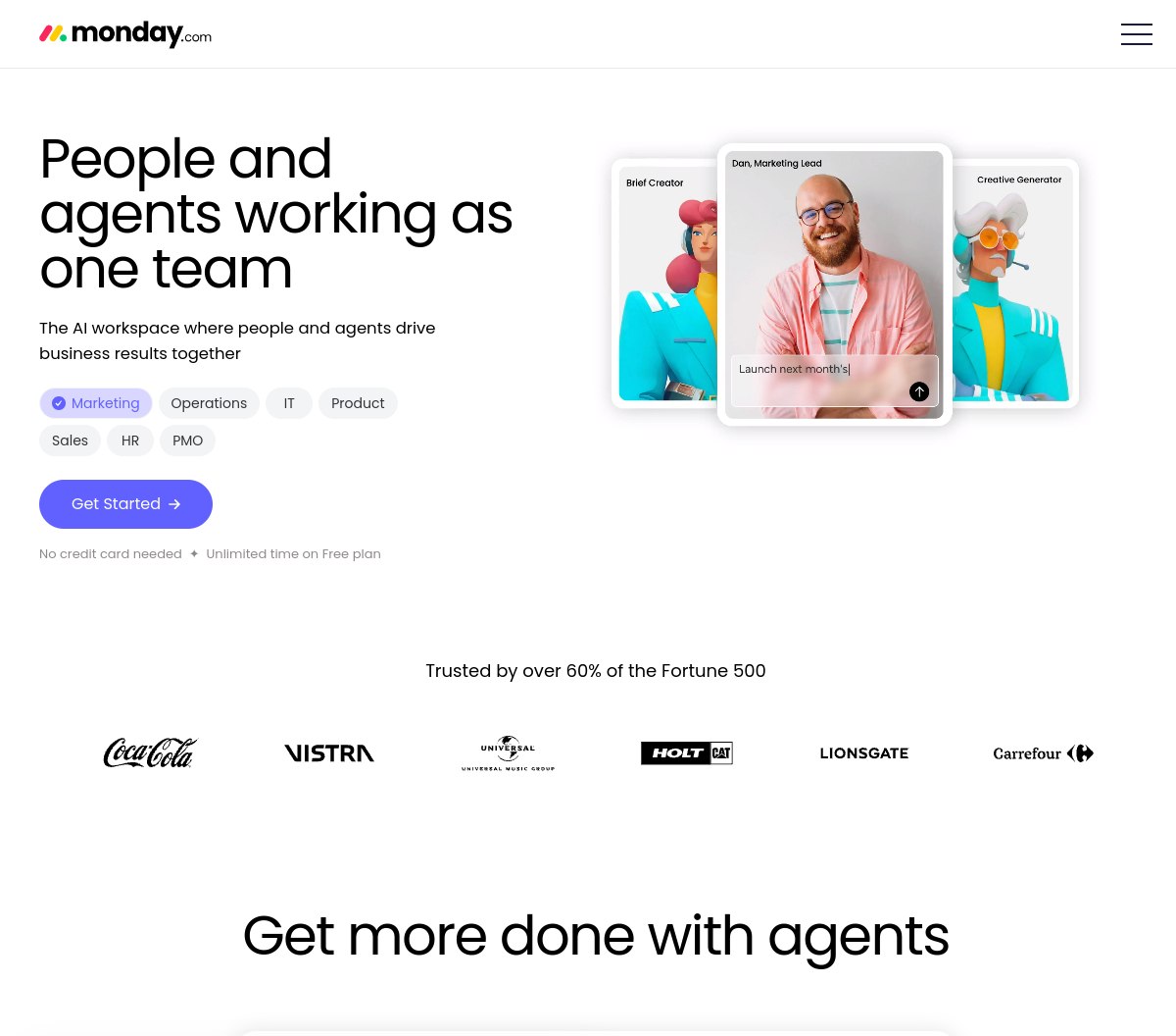 Monday.com homepage presenting its AI workspace for teams, checked October 2026