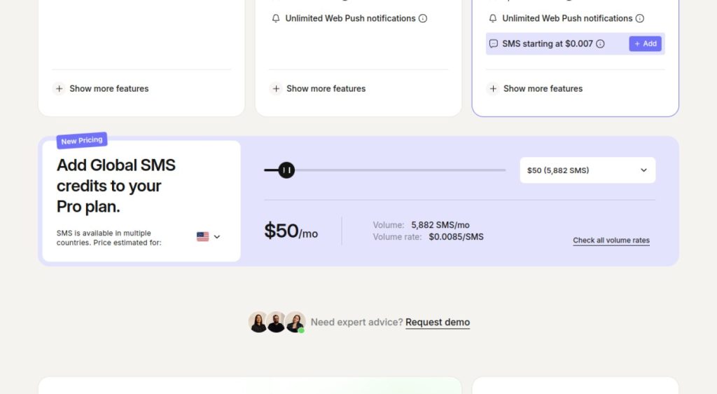Omnisend SMS credits pricing for the Pro plan, checked October 2026