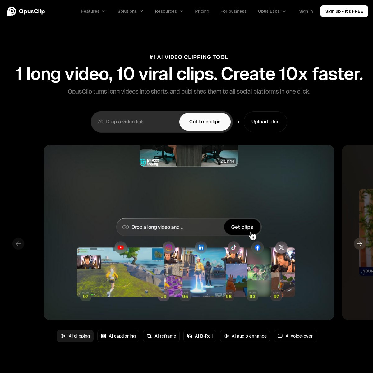 OpusClip homepage showing AI clipping from long videos, checked October 2026