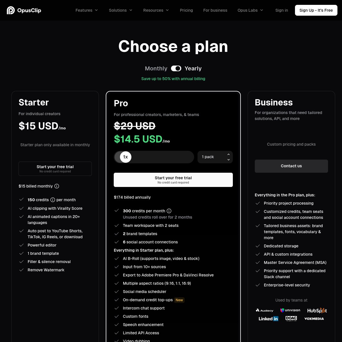 OpusClip pricing page showing Free, Starter and Pro plans, checked October 2026
