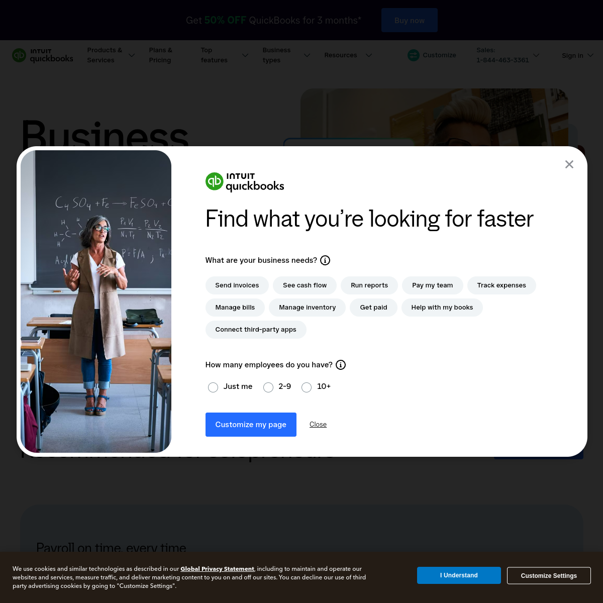 QuickBooks Online homepage presenting its accounting software and AI tools, checked October 2026