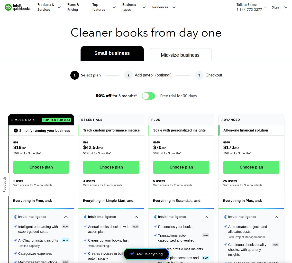 QuickBooks Online pricing page showing Simple Start, Essentials, Plus and Advanced plan prices, checked October 2026
