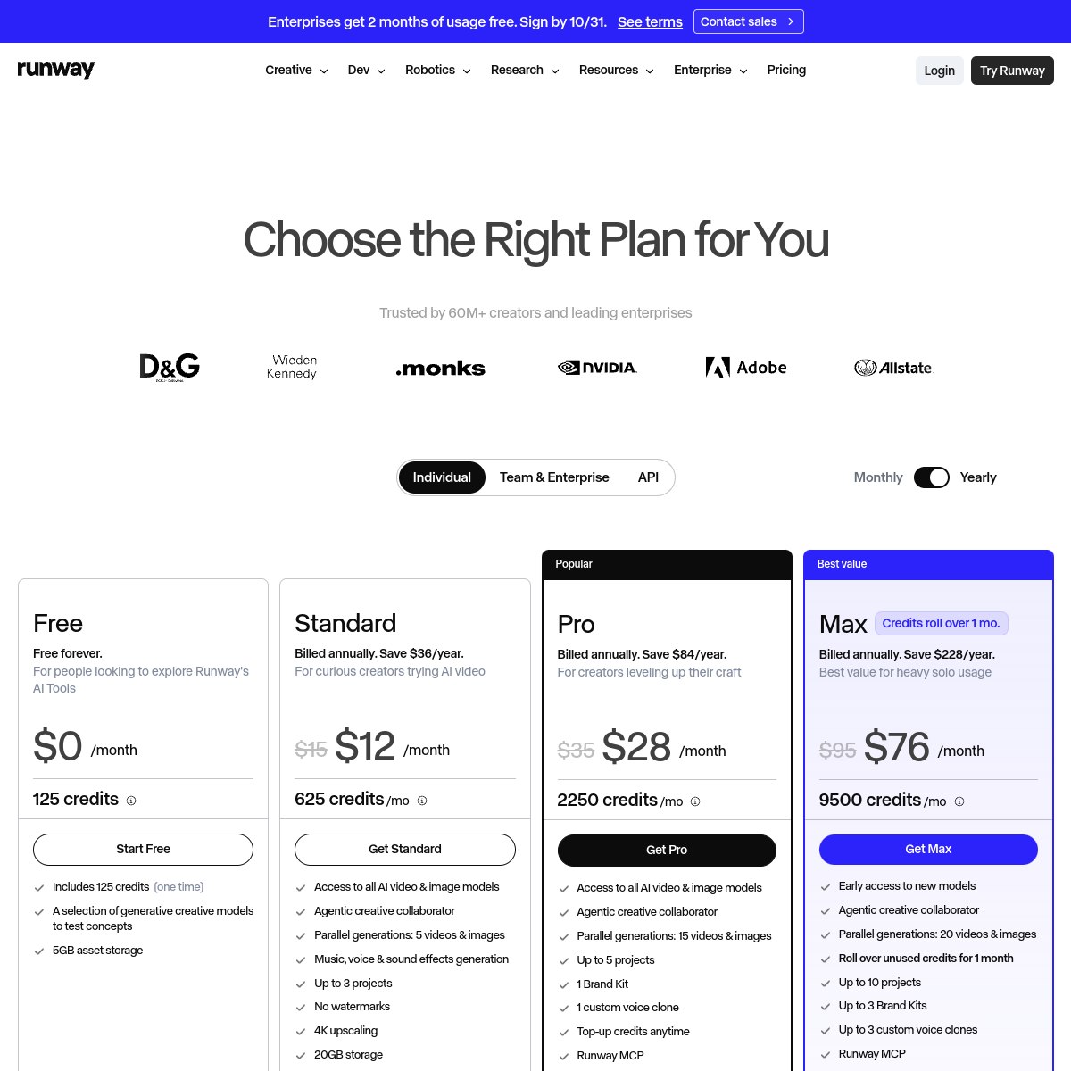Runway pricing page showing Free and Standard plans, checked October 2026