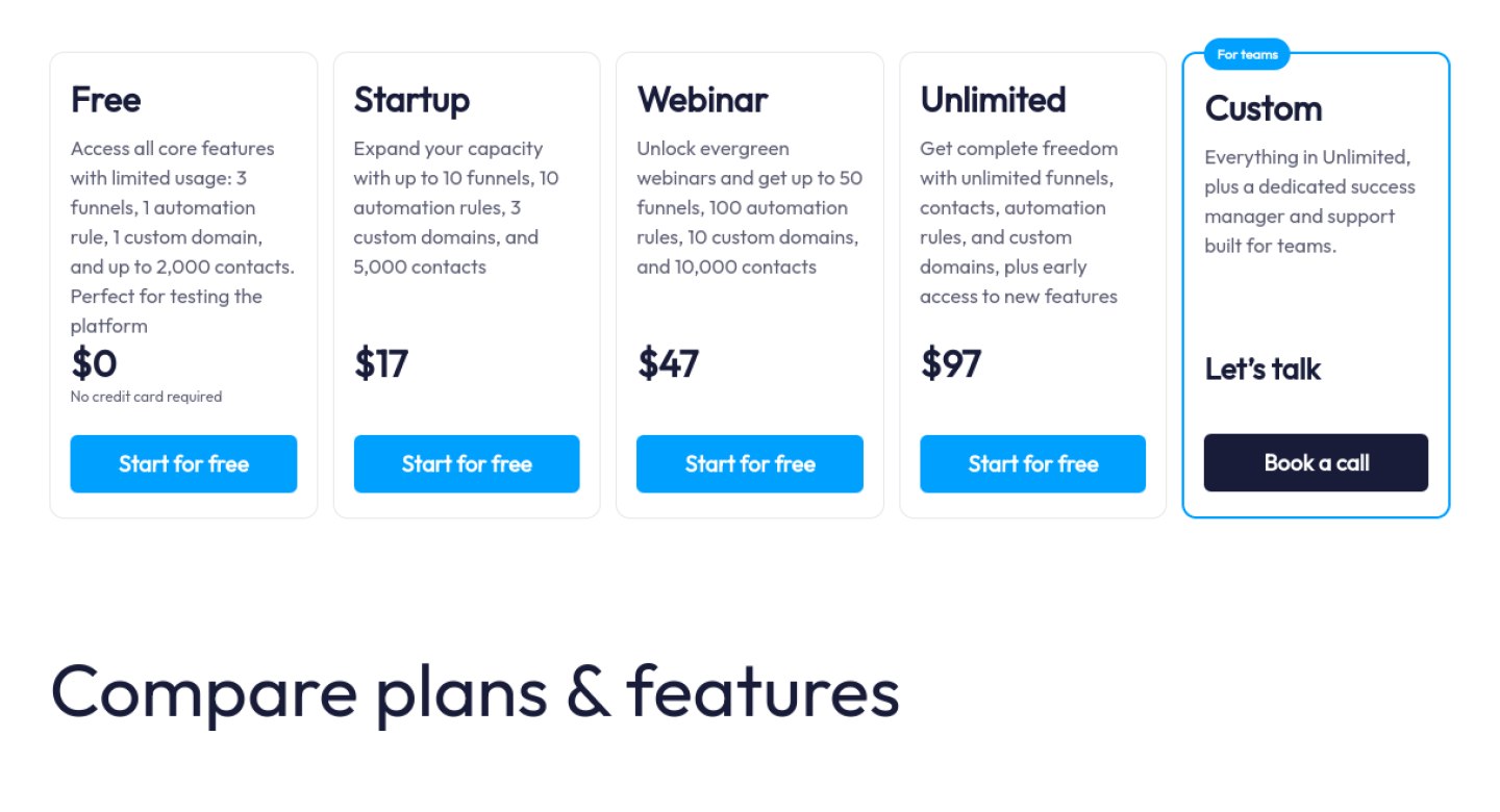 Systeme.io pricing plans: Free $0, Startup $17, Webinar $47, Unlimited $97 per month