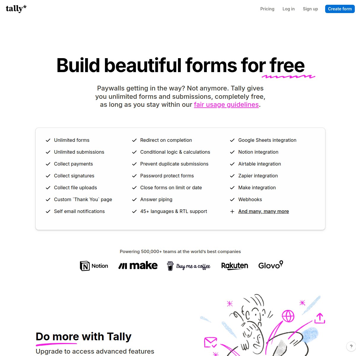 Tally vs Typeform: Tally pricing page showing the free plan with unlimited forms and unlimited submissions