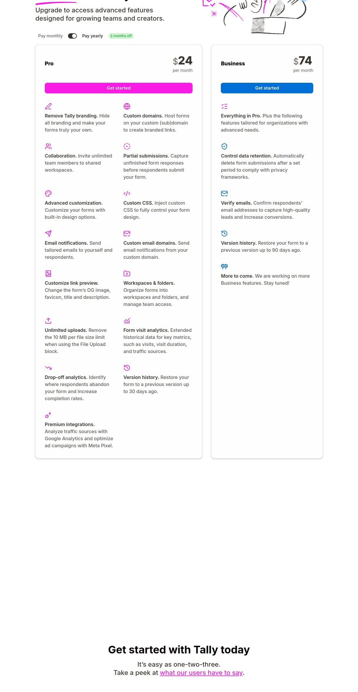 Tally pricing page showing Pro at 24 dollars and Business at 74 per month on yearly billing