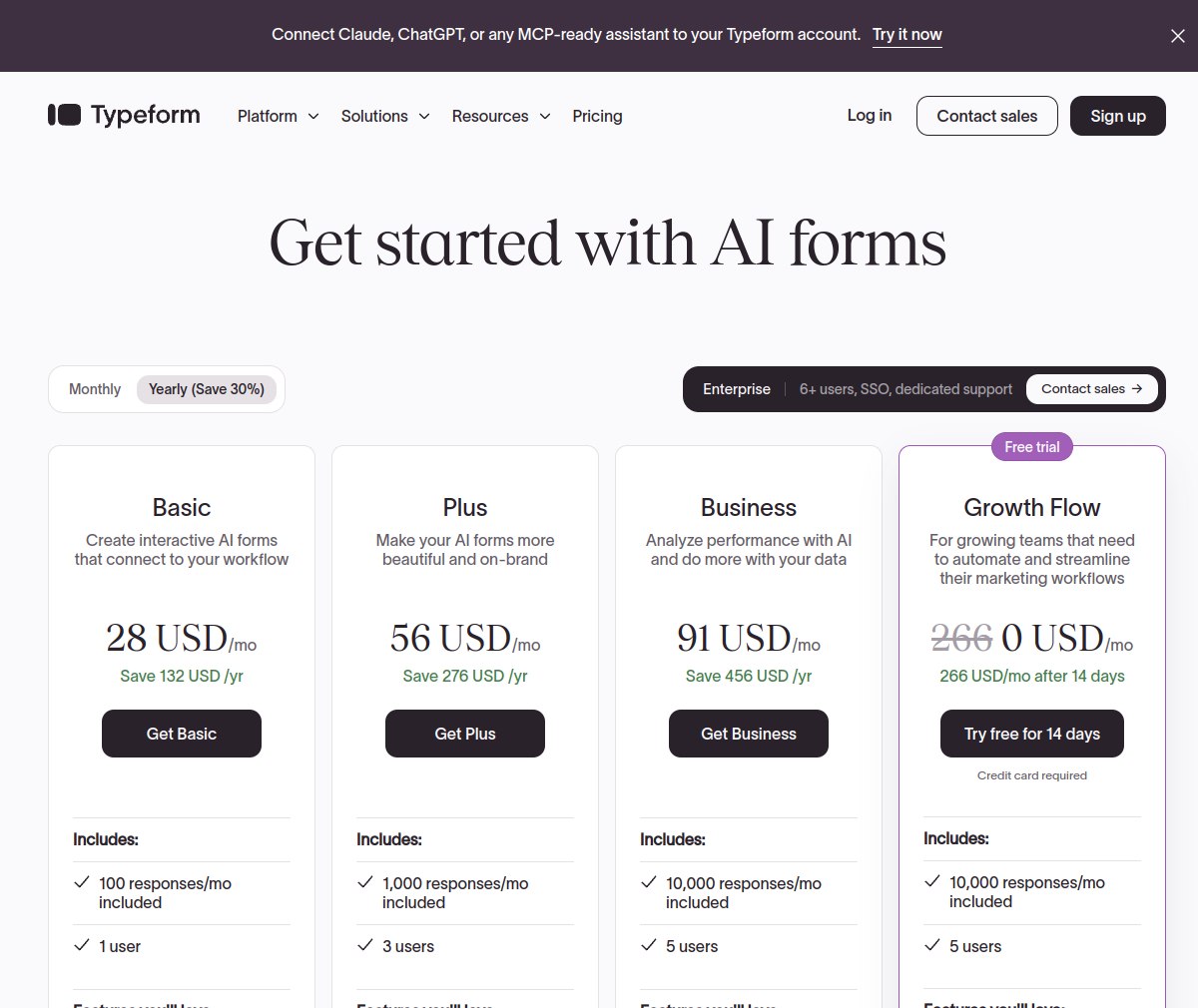 Typeform pricing page showing Basic at 28 dollars, Plus at 56 and Business at 91 per month on yearly billing