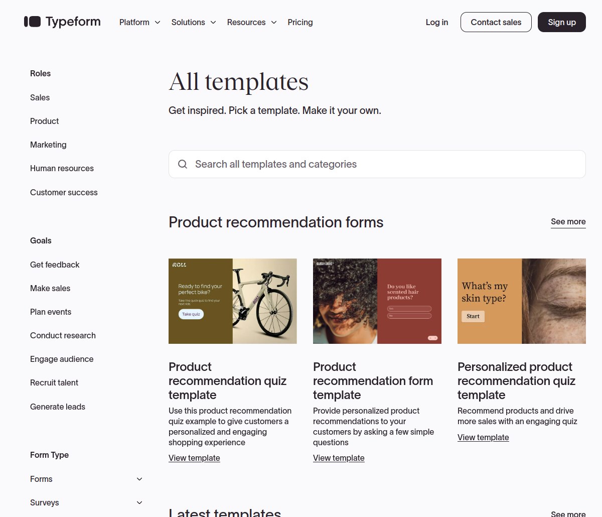 Typeform template gallery showing one question at a time form designs