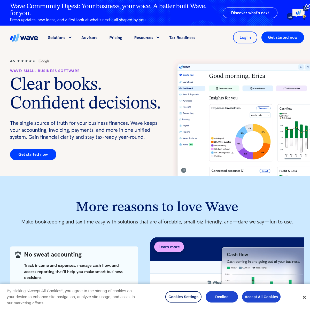 Wave homepage presenting its free accounting and invoicing software, checked October 2026