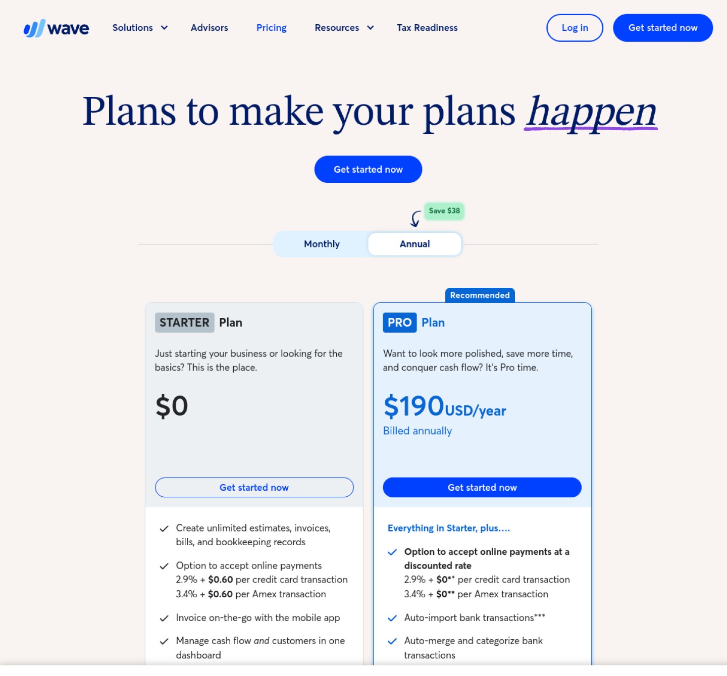Wave pricing page showing the free Starter plan and the Pro plan at $190 a year, checked October 2026