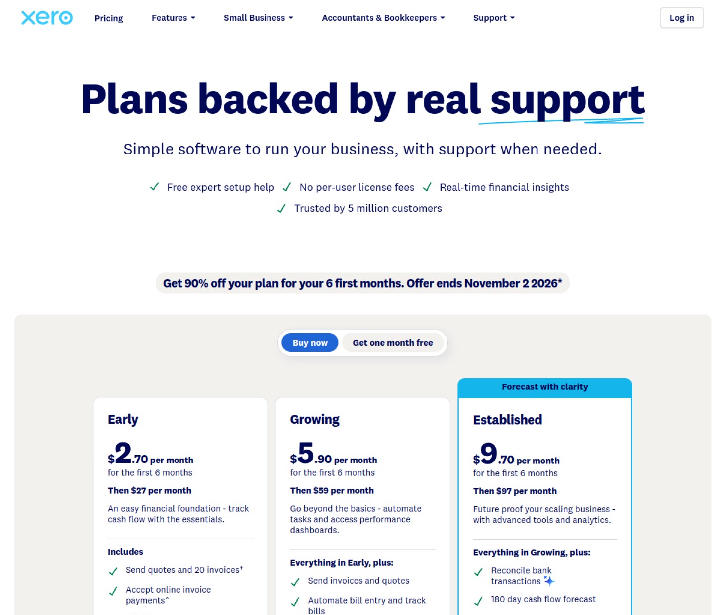 Xero pricing page showing the Early, Growing and Established plans with standard monthly prices, checked October 2026