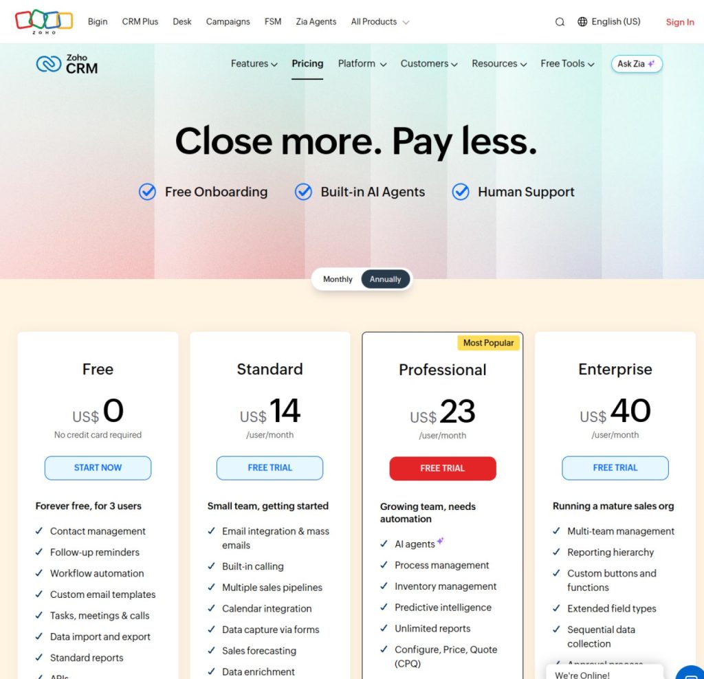 Zoho CRM pricing page: Free $0, Standard $14, Professional $23, Enterprise $40 per user per month.