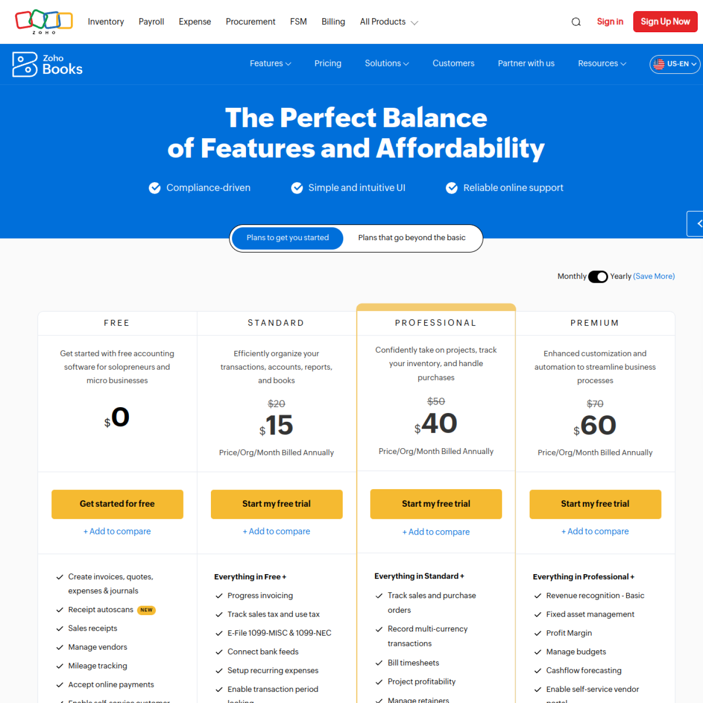 Zoho Books pricing page showing the Free, Standard, Professional and Premium plans, checked October 2026